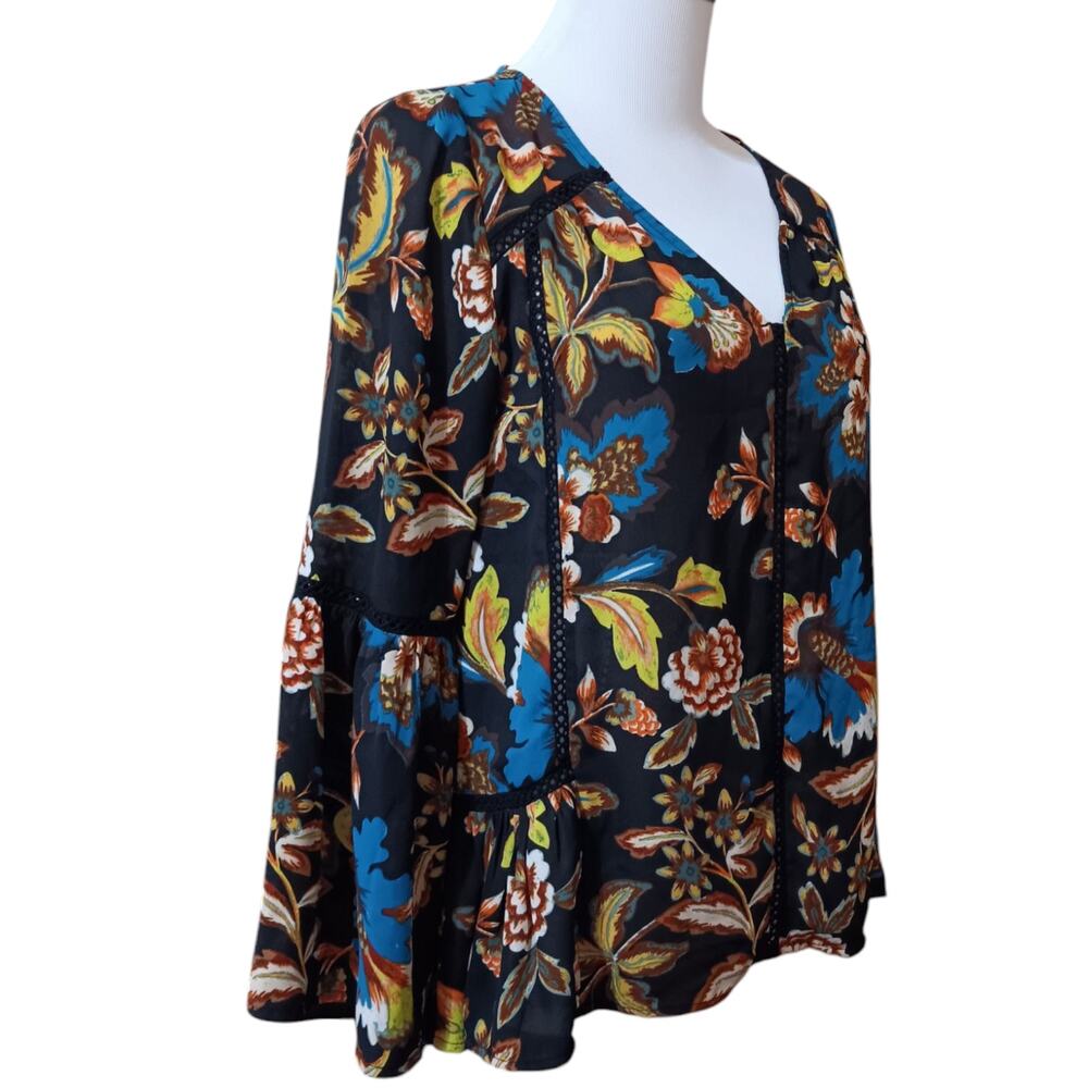 INC Sheer‎ Boho Floral Blouse Top Petite Small Flare Ruffled Crochet Lace Flowy